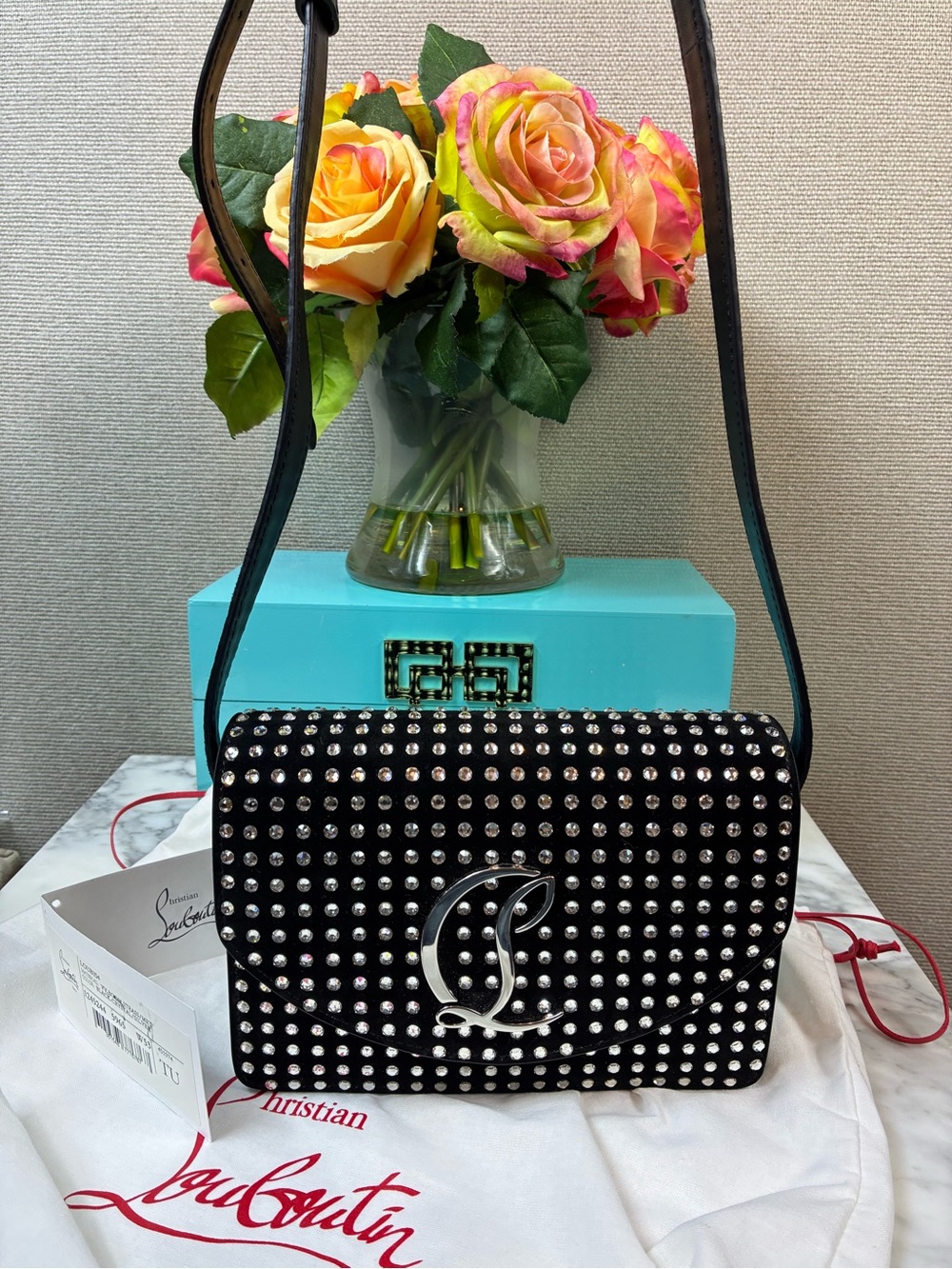 Christian Louboutin Loubi54 Crystal Studded Black Suede Strass Shoulder Bag NWT - Picture 6 of 13